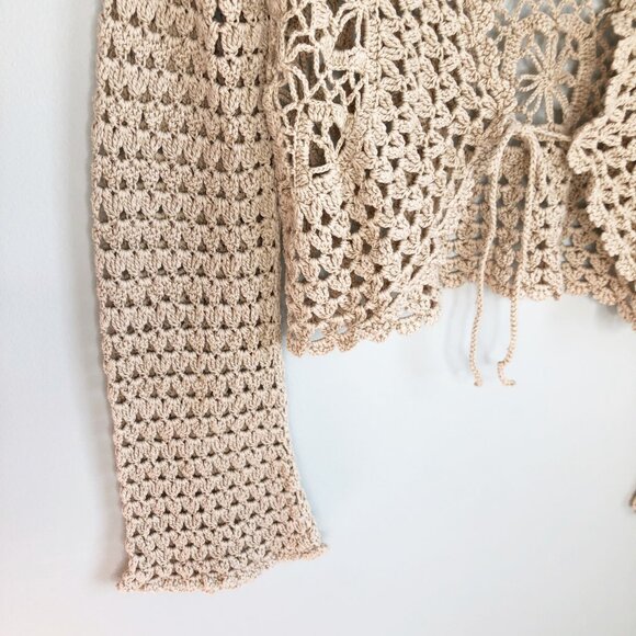 Vintage Crochet Flare Bell Sleeve Granny Square Tie Hand Knit Cardigan Shawl Top - Picture 3 of 5